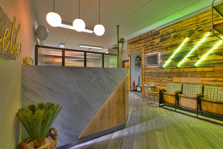 office reception with neon lights