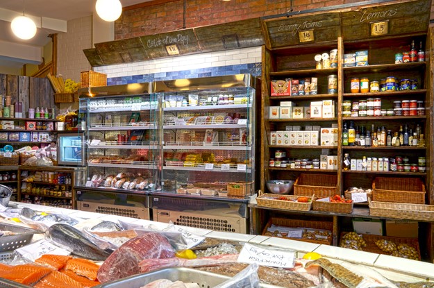 display shelving and fridges in a deli